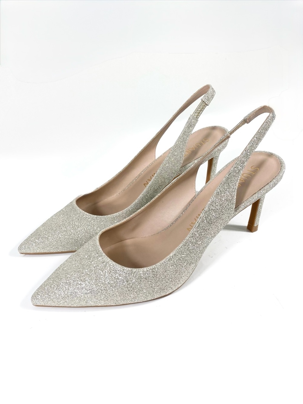 Stuart Weitzman Linsi 75 Pointed Toe Glitter Slingback Pump Glitter Platino NWT